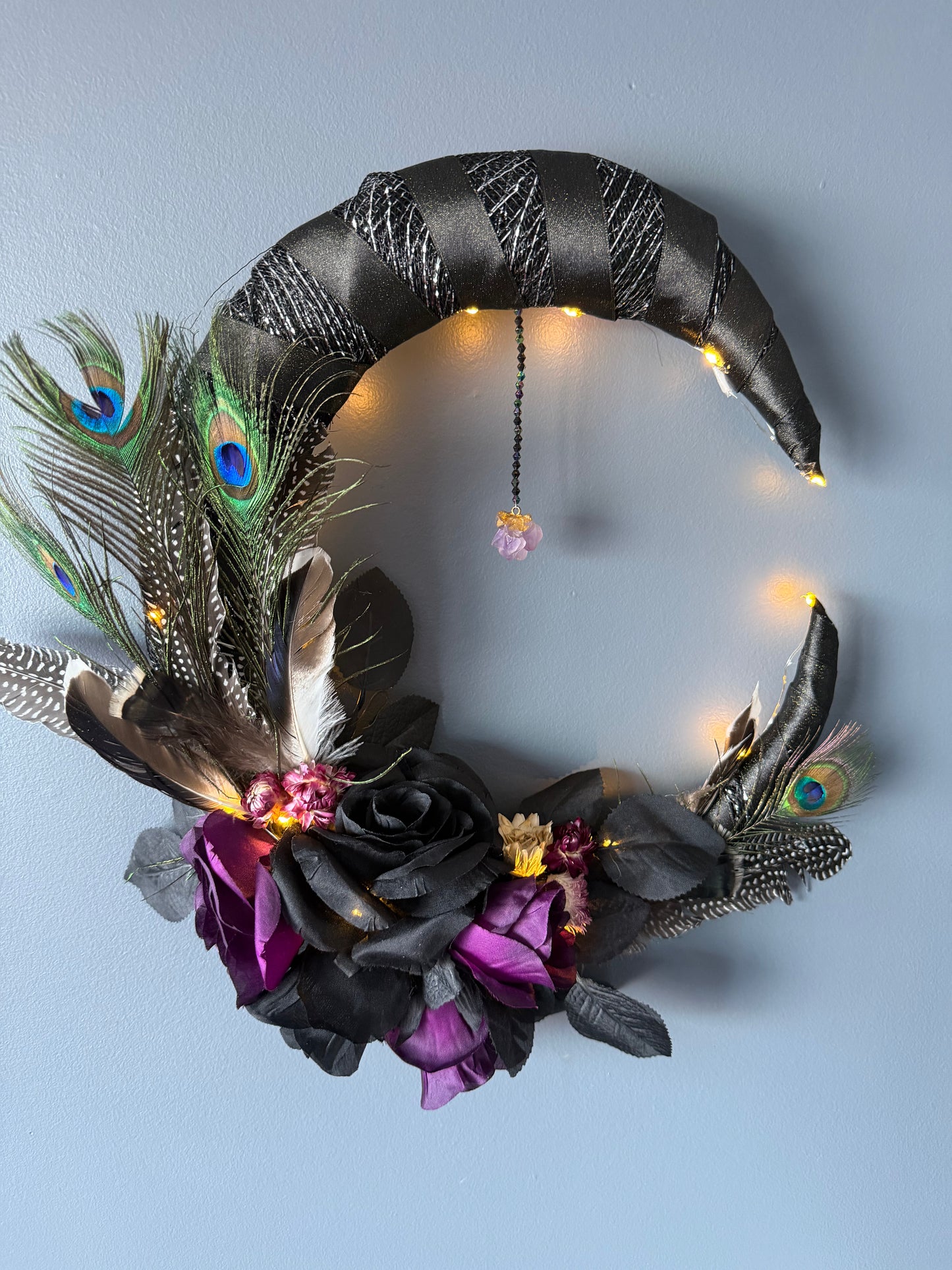 Midnight Serenity Moon Wreath - Amethyst & Peacock Feather Decor