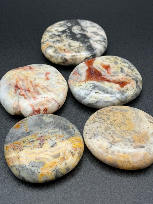 Crazy Lace Agate Palm Stone for finding joy in tough times
